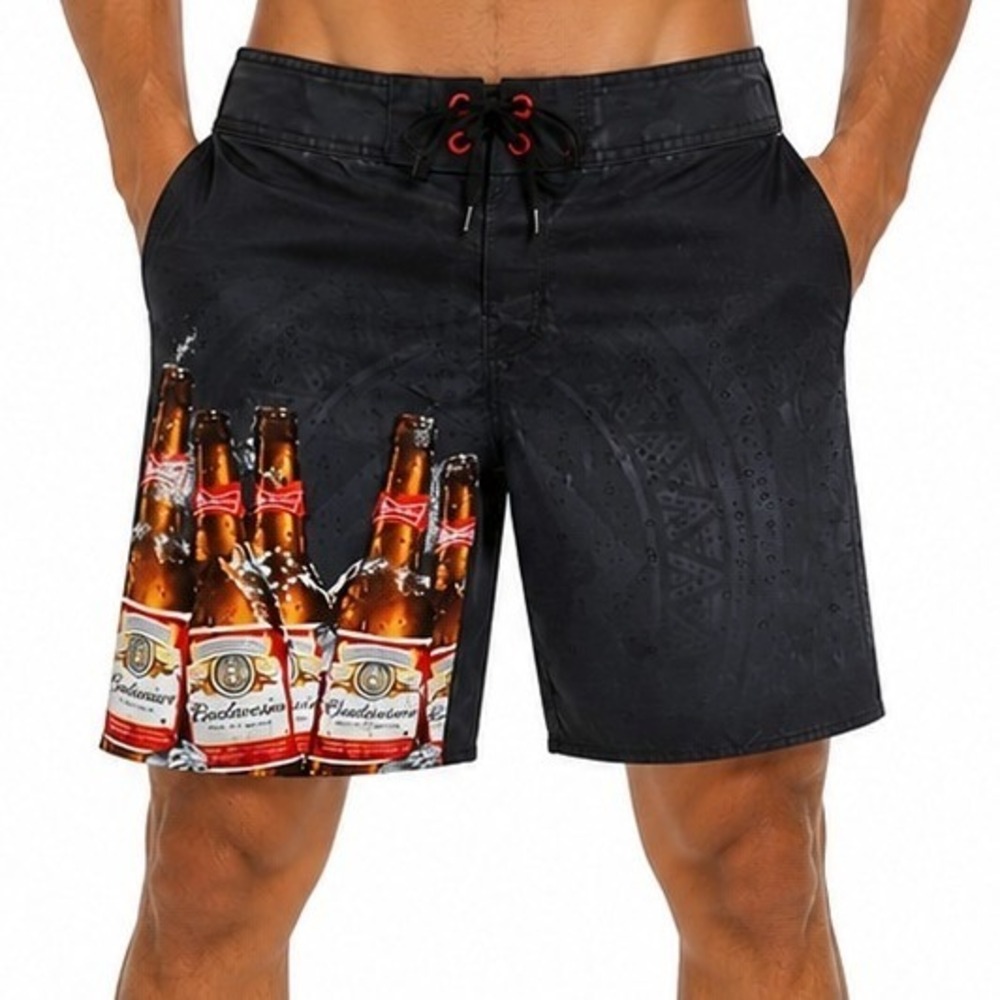 Budweiser Beer Bottle Graphic Board Shorts 34 Black Swim Trunks Beach Surf Pool